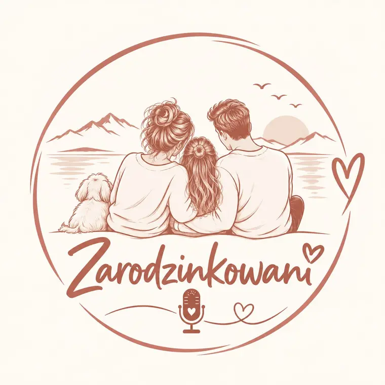 Minimalistyczne logo Zarodzinkowanych przedstawiające rodzinę nad jeziorem